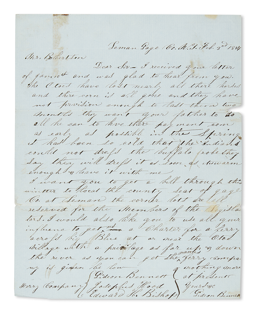 (NEBRASKA.) Bennett, Gideon. Letter on starving Indians and buffalo robe production, also offering a bribe to the legislature.